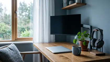Pracovný kút home office s notebookom, slúchadlami a rastlinou pri okne