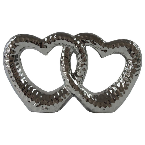 Keramická dekorace propletená srdce - stříbrná strukturovaná